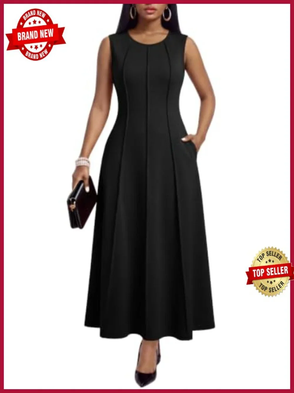 Sleeveless Crew Neck A-Line Maxi Dress with Pockets